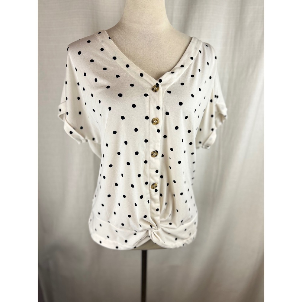 Flower & Feather Polka Dot Button Front Twist Knot Blouse White Black XL